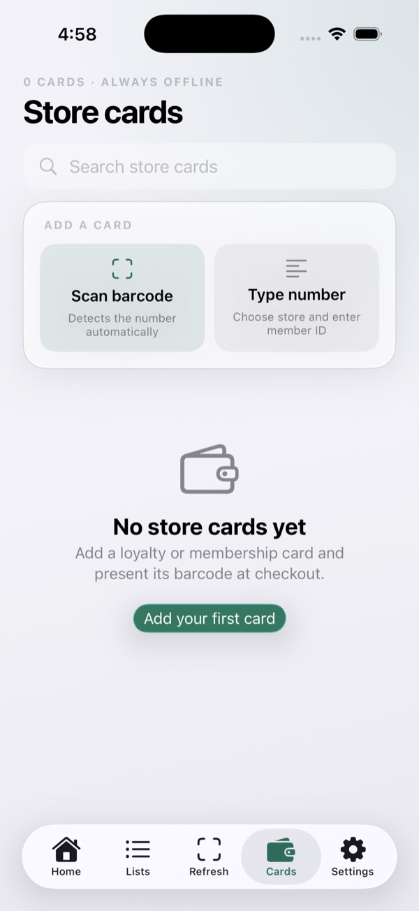 BasketSignal loyalty cards screen