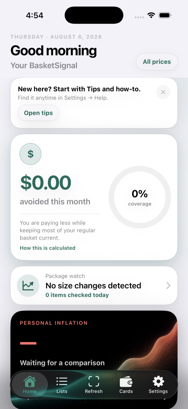 BasketSignal home screen