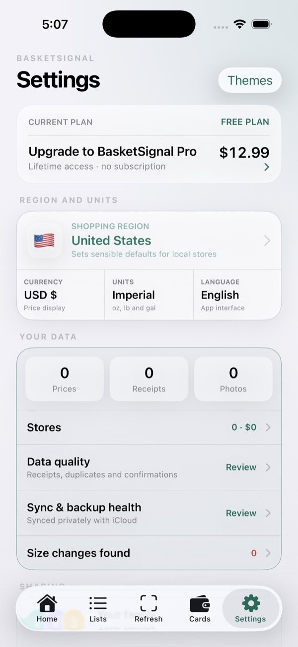 BasketSignal settings screen